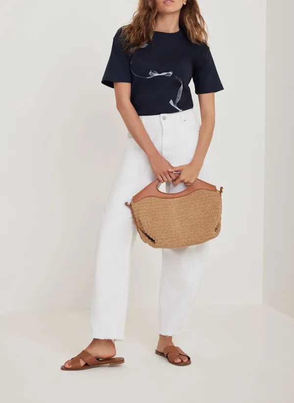 Casual Style Navy Ribbon Print T-Shirt