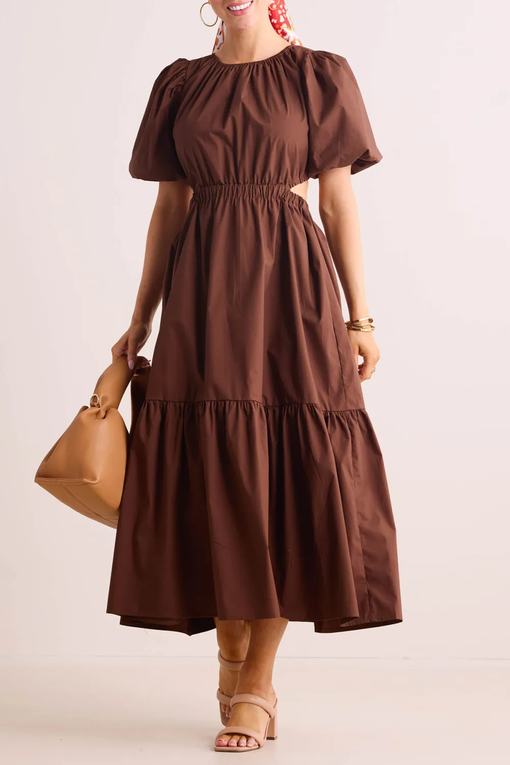 Brown Puff Sleeve Tiered Maxi Dress