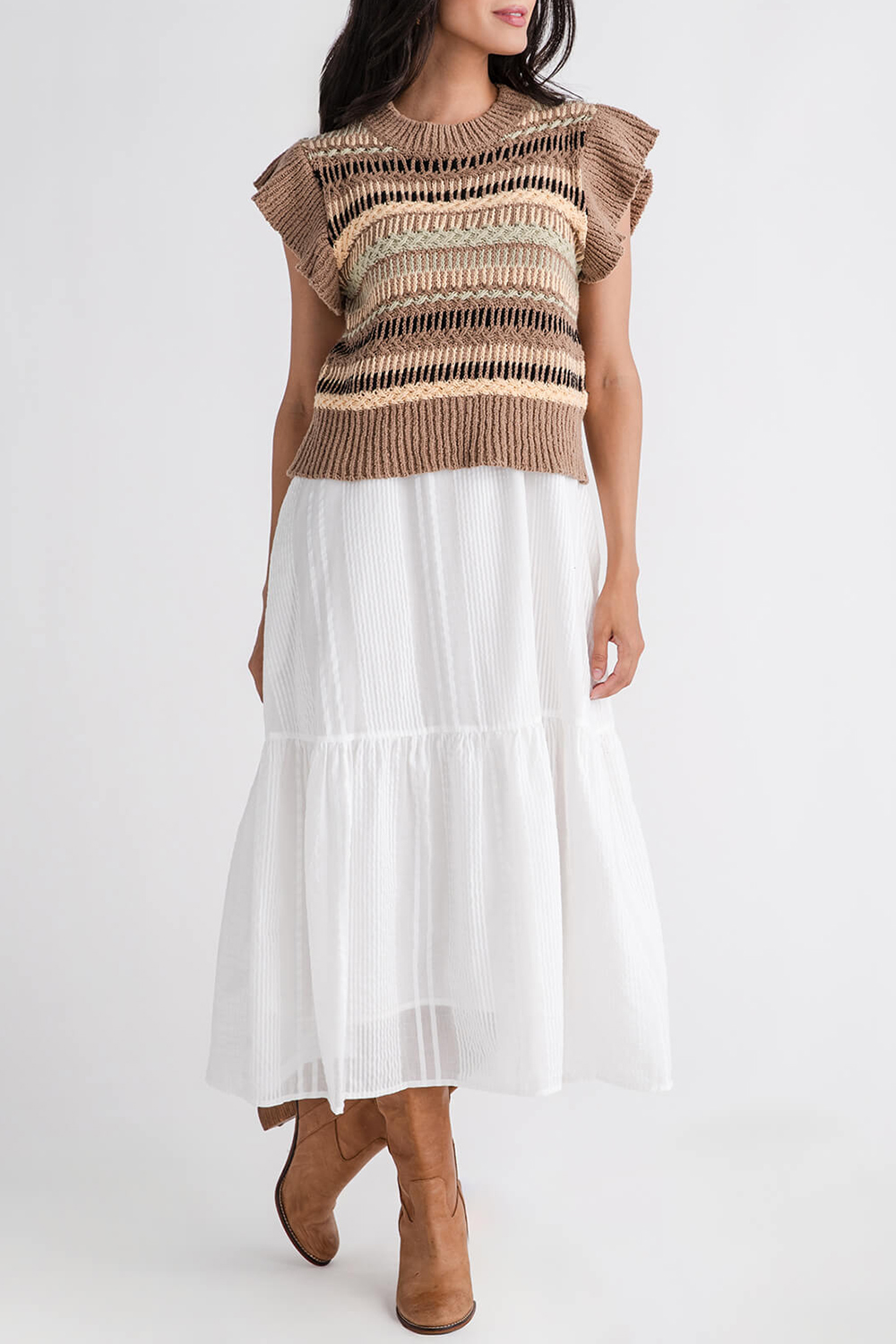 Elan 2fer Woven Knit Midi Dress - brown white combo