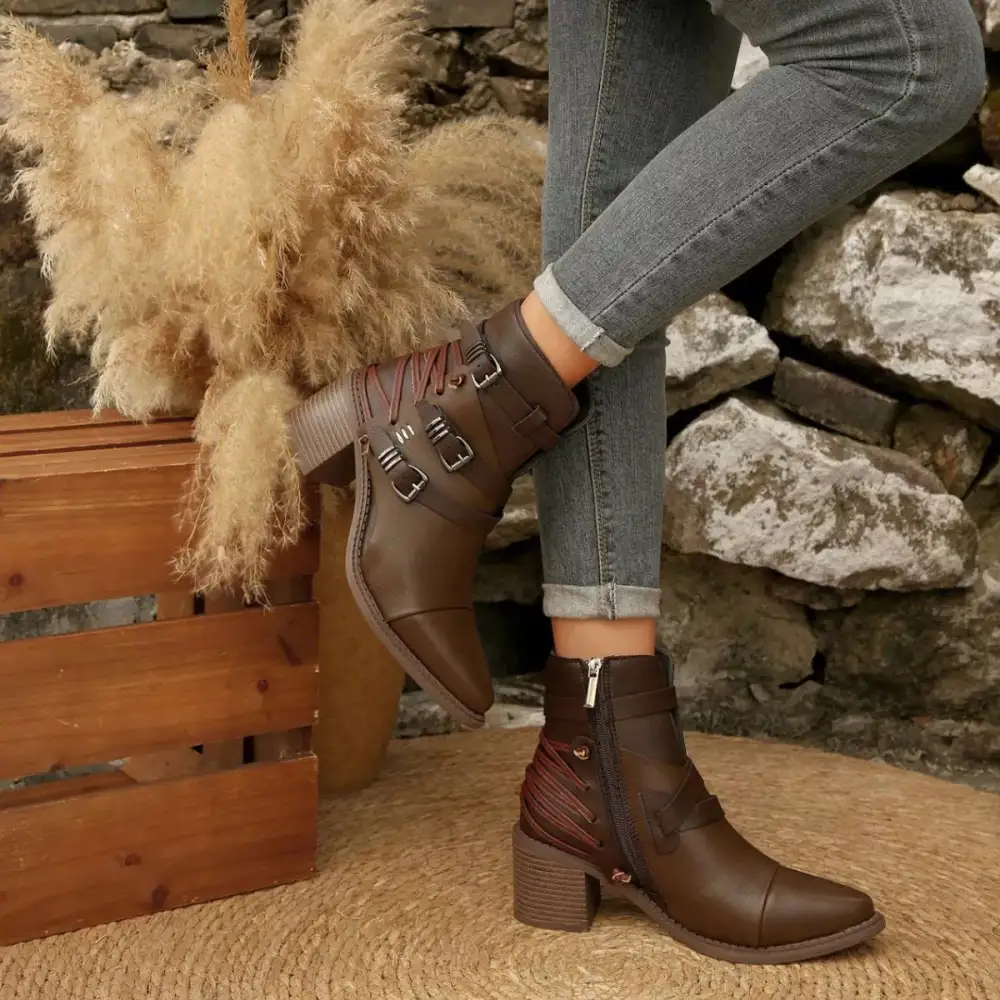 Pointed Toe Buckle Strap Ankle Boots with Block Heel