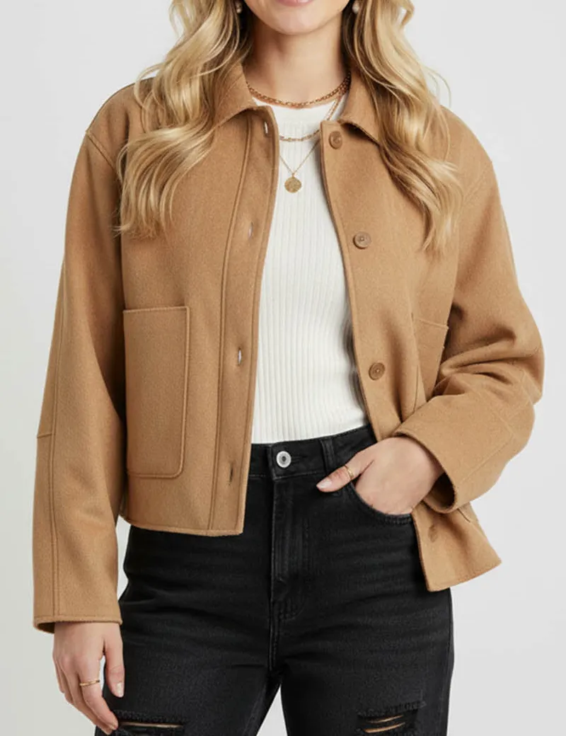 Faux Suede Lapel Collar Long Sleeve Cropped Jacket
