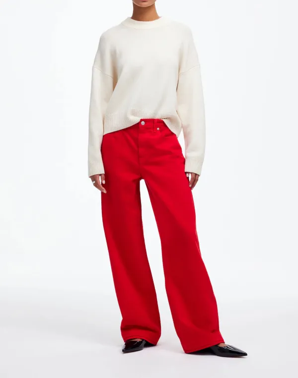 Bright Red Low-Slung Wide Leg Denim Jeans