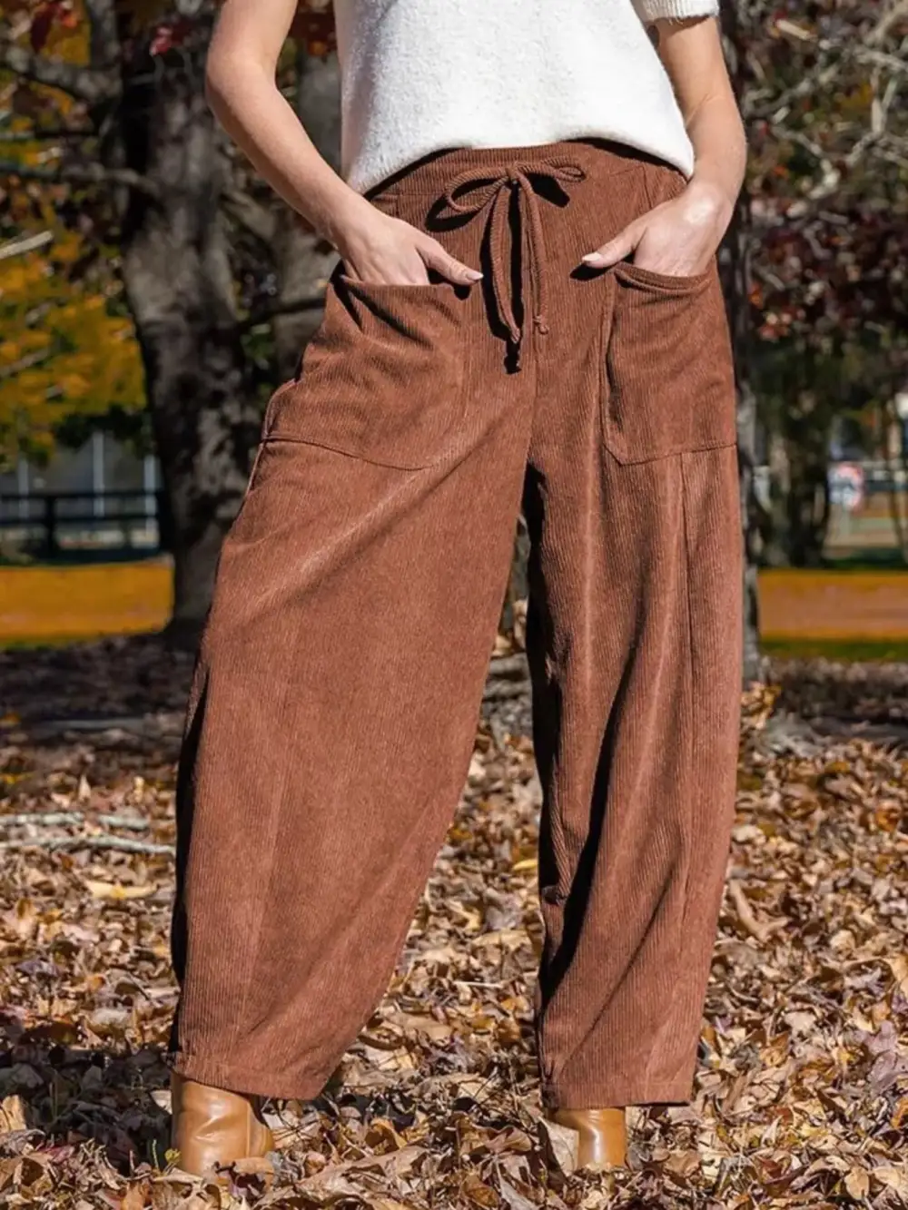 Corduroy Wide Leg Pants With Pocket