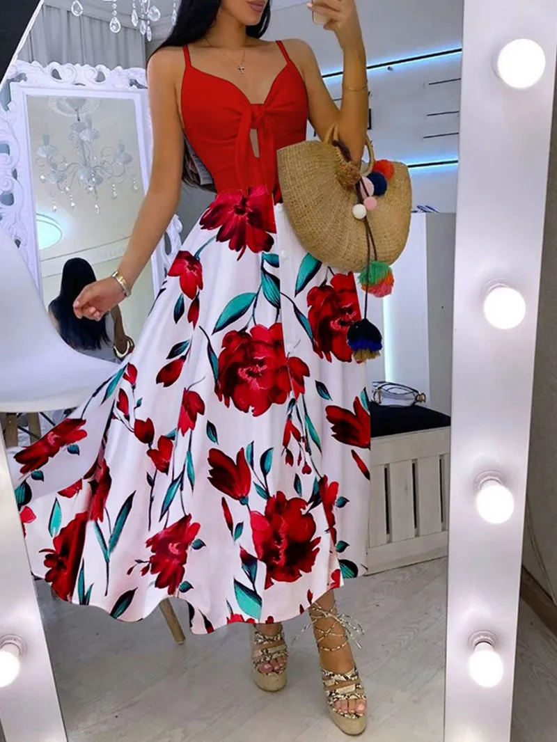 Casual Printed Patchwork Suspender Dress