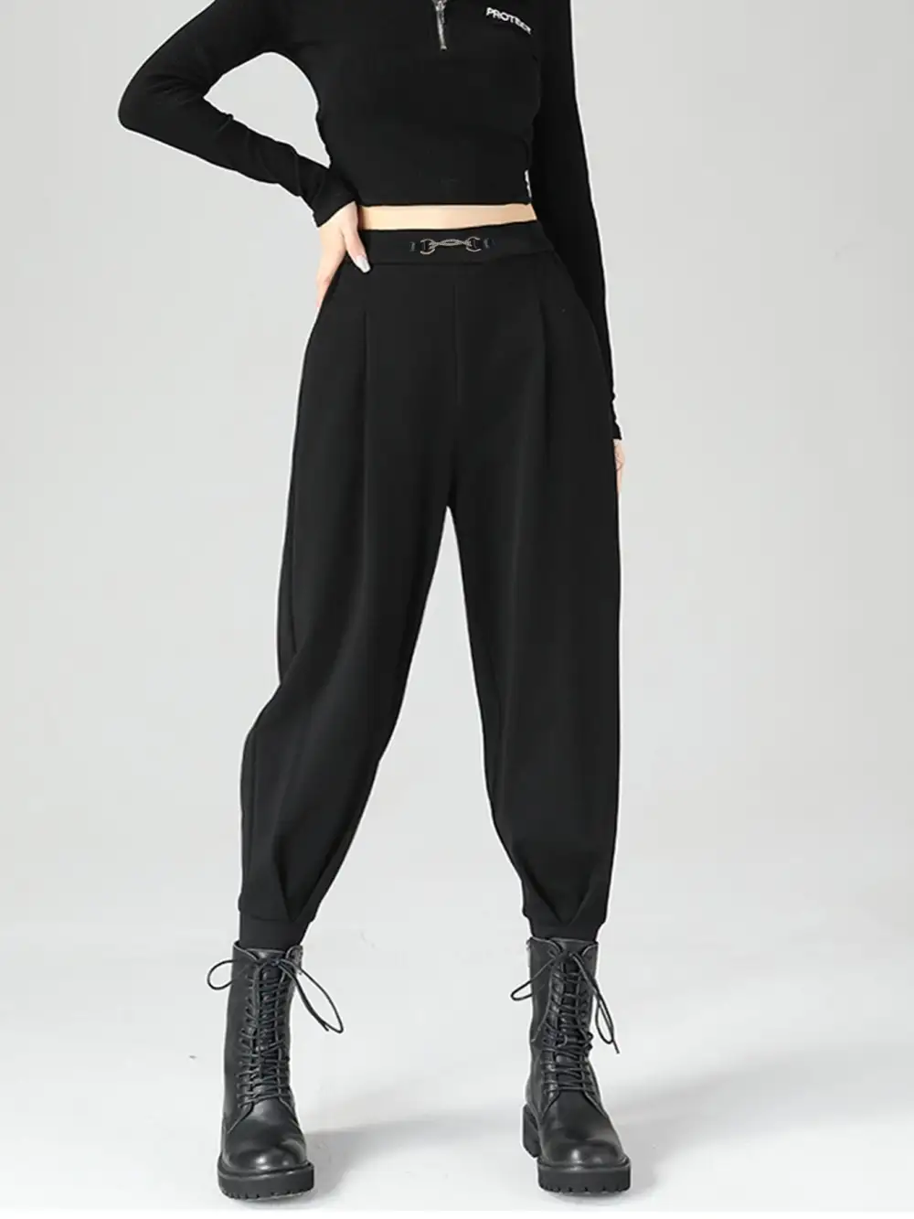 High Waisted Buckle Detail Tapered Pants