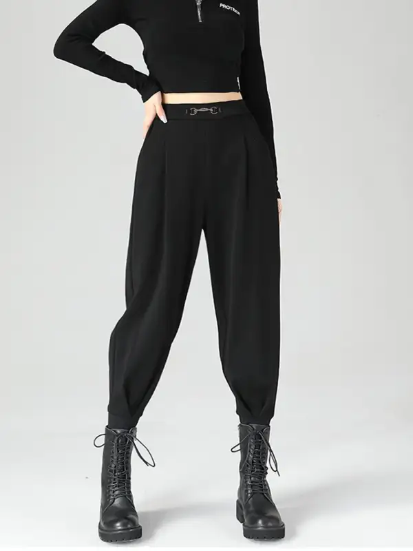 High Waisted Buckle Detail Tapered Pants