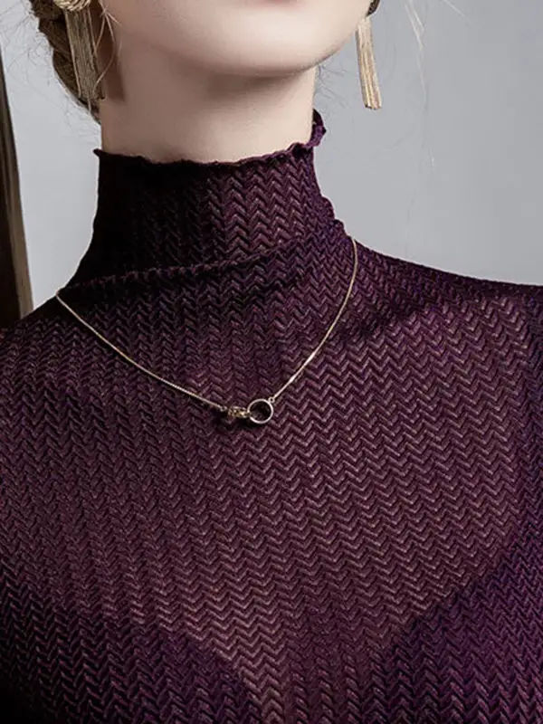 Long Sleeve Curve Fit Mesh Sheer Slightly Sheer Panel Detail High Neck T-Shirt