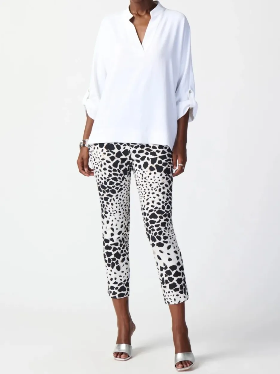 White V - Neck Roll - Sleeve Blouse