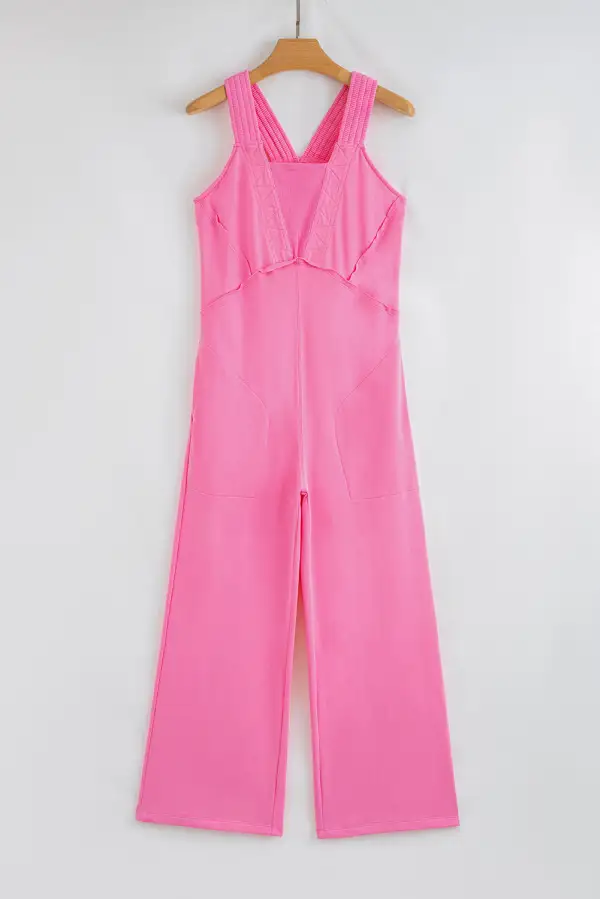 Mineral Wash Raw Seam Patchwork Wide Leg Loose Jumpsuit