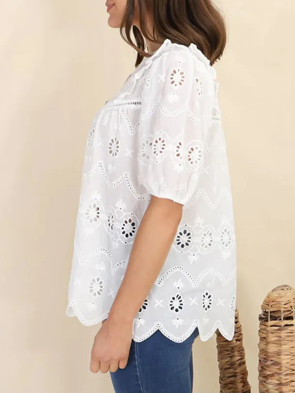 Short sleeve Bohemian embroidered cut-out blouse