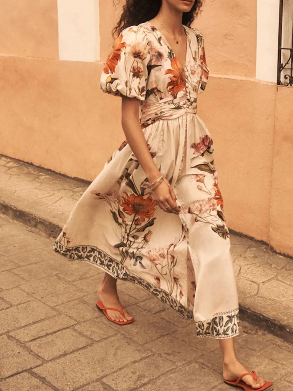 Elegant And Flowing Puff Sleeve Floral Printed Dress