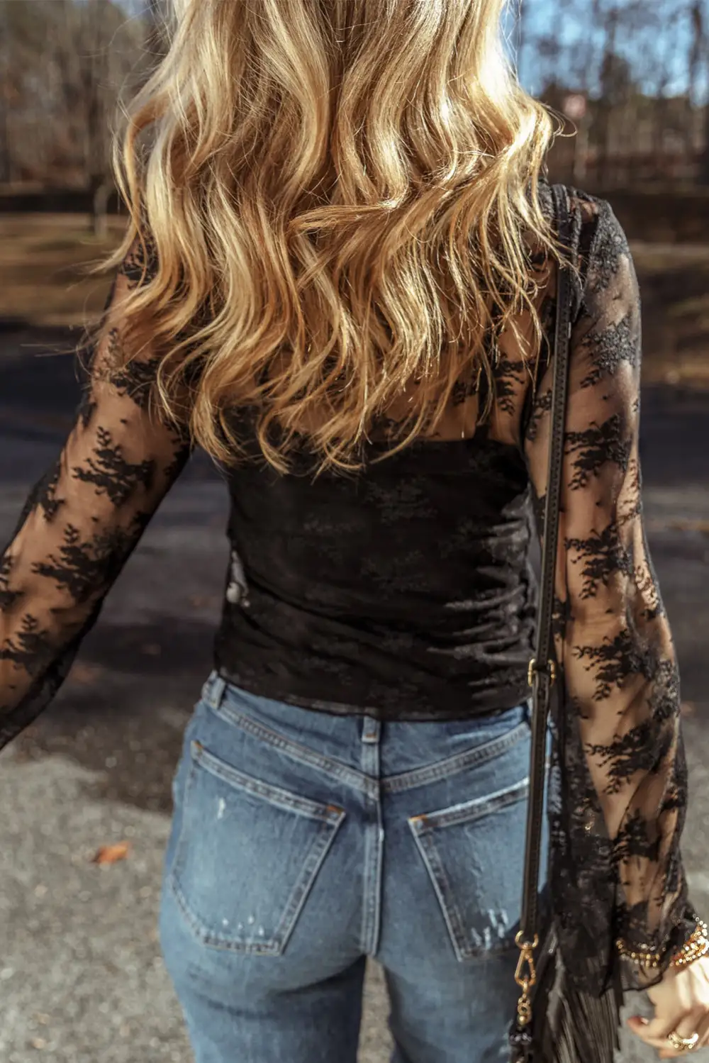 Lace Trim Mesh Long Sleeve Blouse