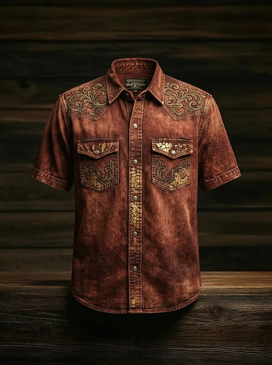 Men's Western Style Floral Filigree Printed Denim Shirt-2