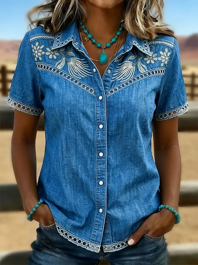 Women's Vintage Floral Art Print Hollow Patchwork Casual Shirt