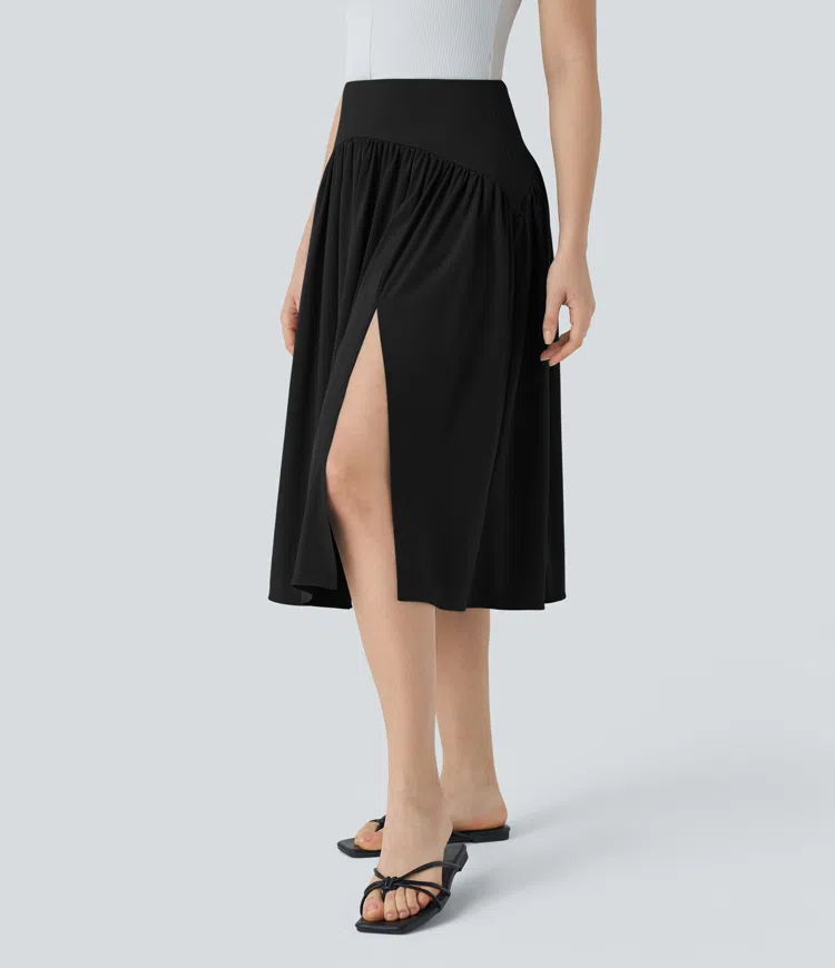 High Waisted Plicated Split Flowy Quick Dry Midi Resort Skirt