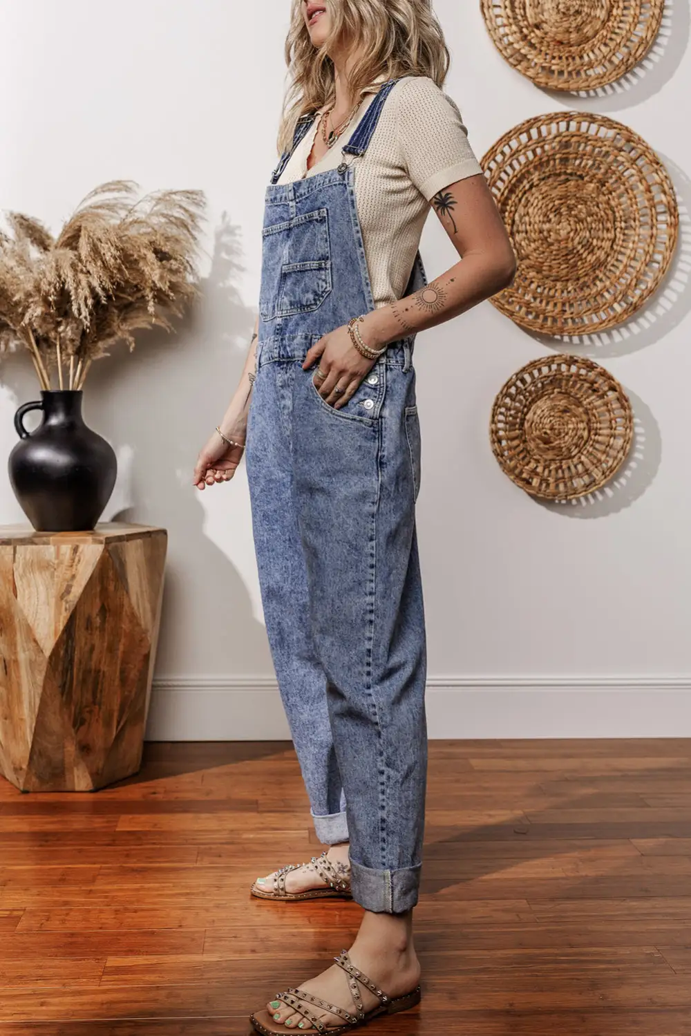 Denim Bib Straight Leg Jumpsuit With Pockets