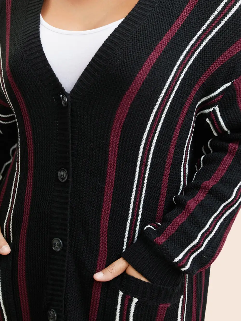 Striped Patched Pocket Drop Shoulder Cardigan