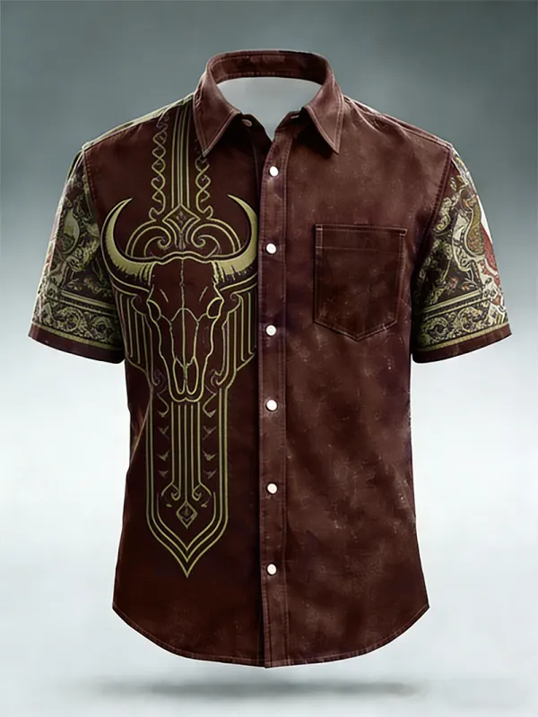 Men's Bull Skull Tribal Tattoo Print Short Sleeve Shirt