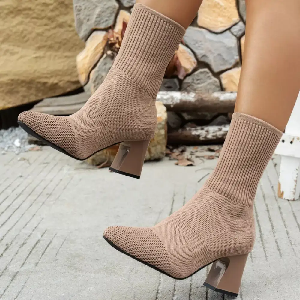 Pointed Toe Knit Sock Boots with Block Heel