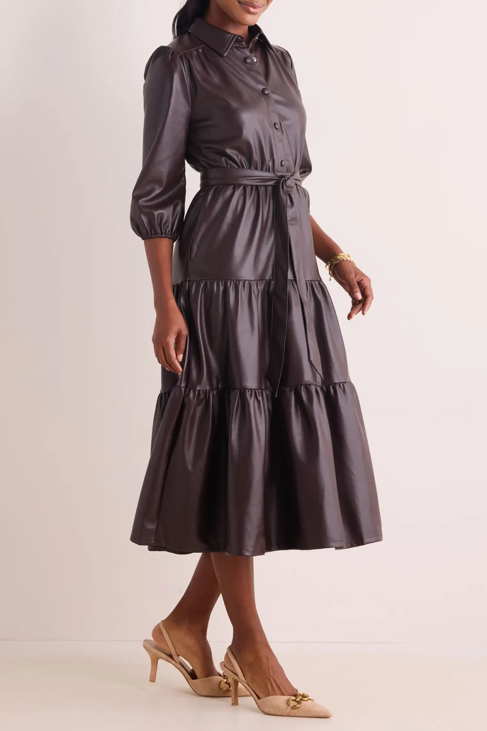 Dark Brown Faux Leather Tiered Midi Dress