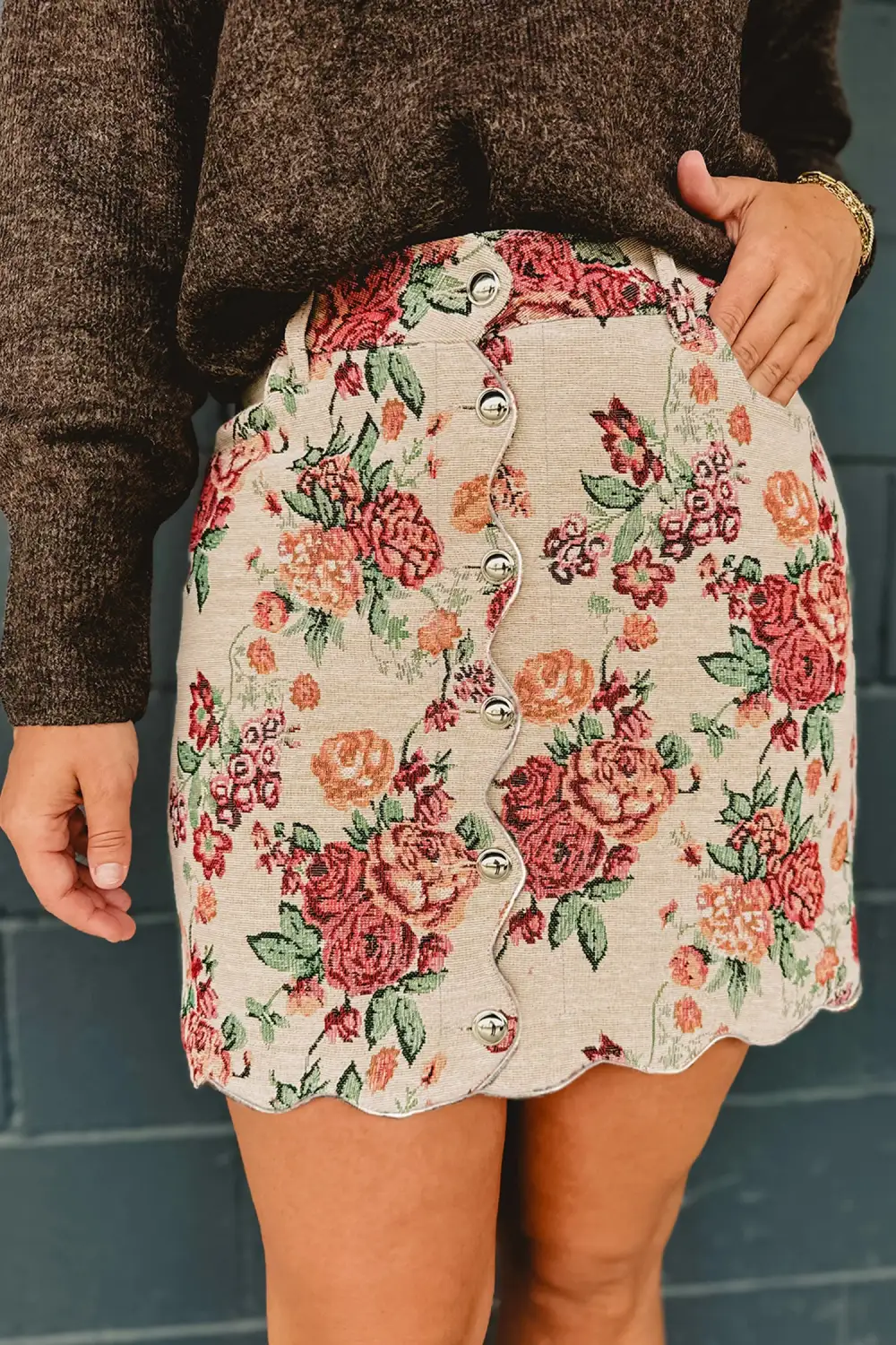 Button Front Buttoned Scallop Trim Skirt