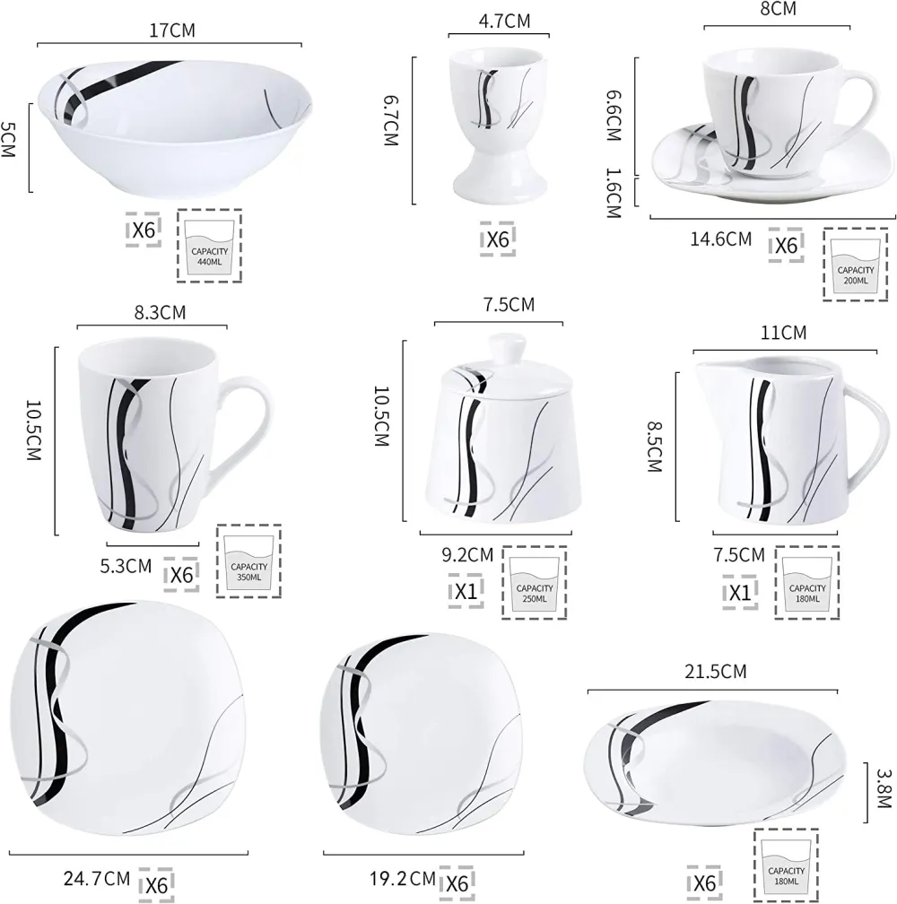 VEWEET, Series Fiona, 100-Piece Plates and Bowls Sets for 12, Including Porcelain Dishes Sets, Bowls, Mugs, Egg Cups, Cup and Saucer Set, Milk Jug and Sugar Pot Set, Microwave and Dishwasher Safe