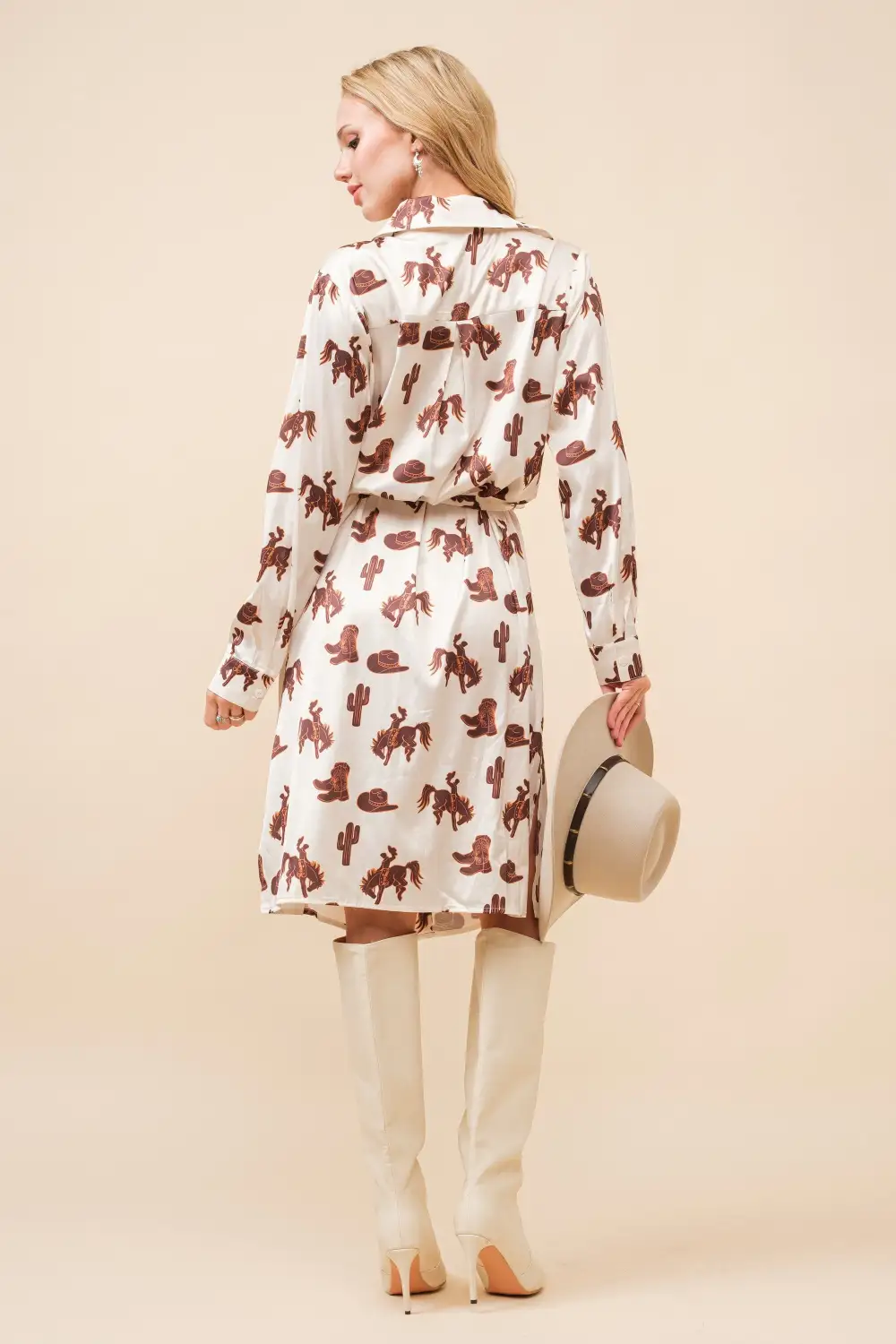 Satin Western Print Button Up Shirt Dress