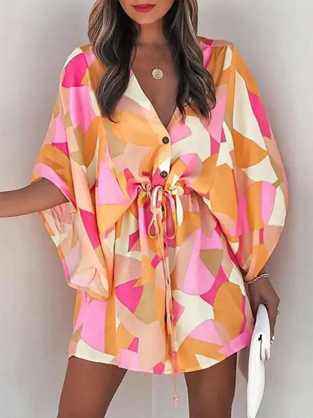 Neck Tie Printed Batwing Sleeve Mini Dress