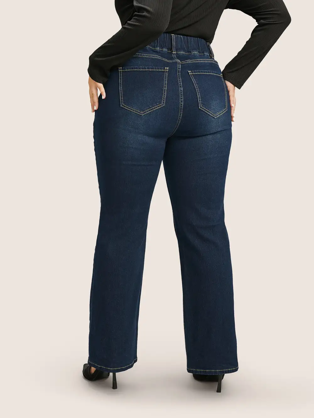 Solid Elastic Waist Pocket Full Length Jeans