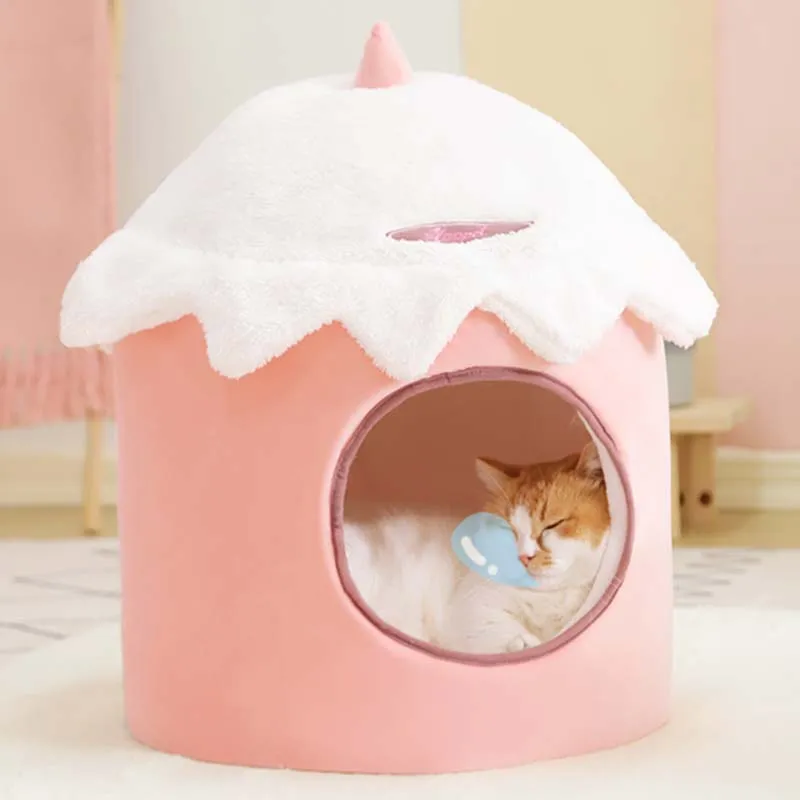 Pink Ice Cream & Rabbit Semi-Enclosed Cat Cave Bed