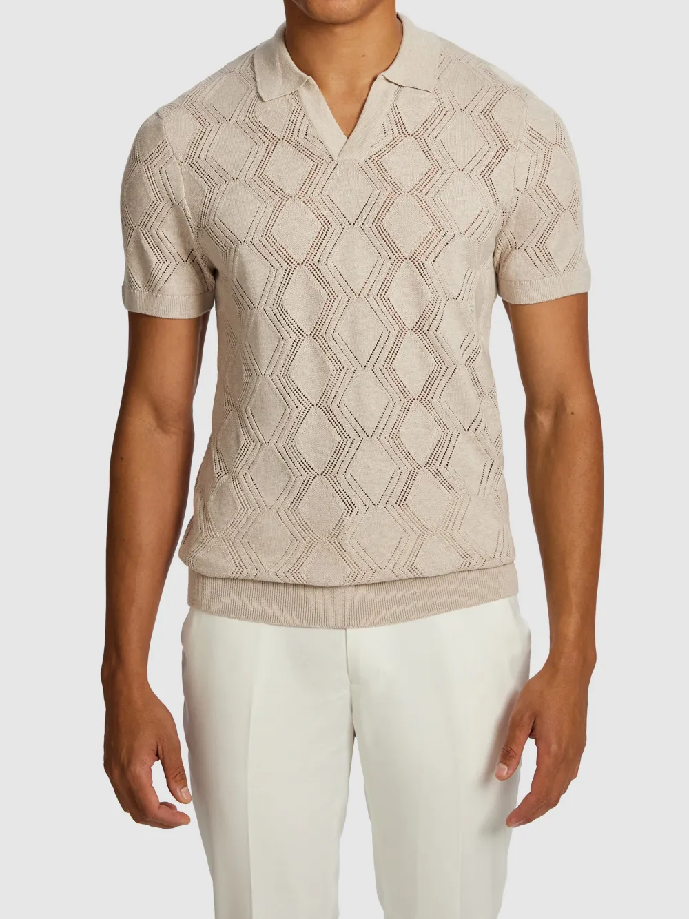 Beige Short Sleeve Diamond Pattern Polo Shirt