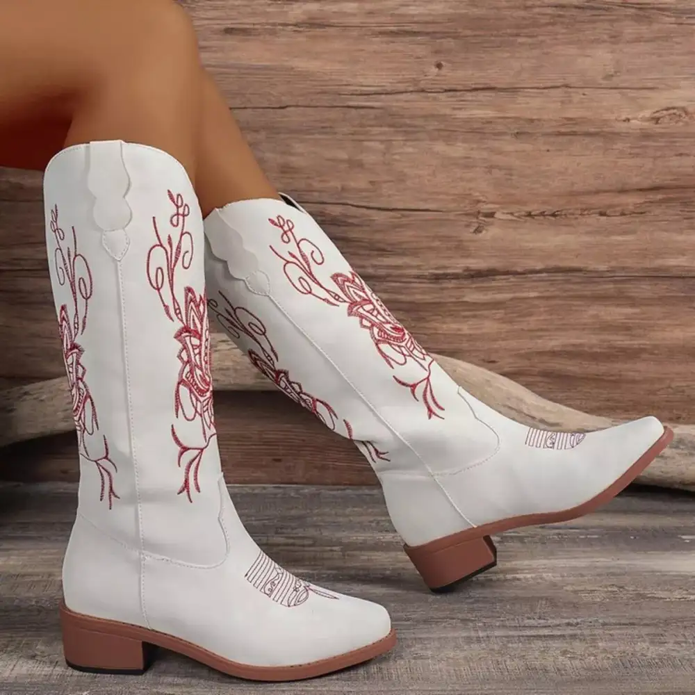 Embroidered Block Heels Boots