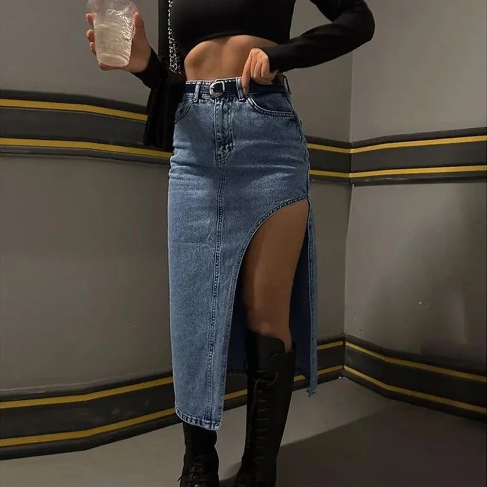 Denim High Waist Slit Midi Skirt