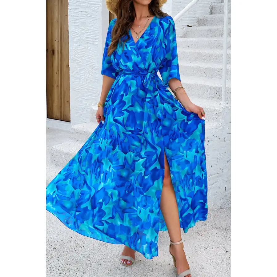 Printed Tied Half Sleeve Slit Dress