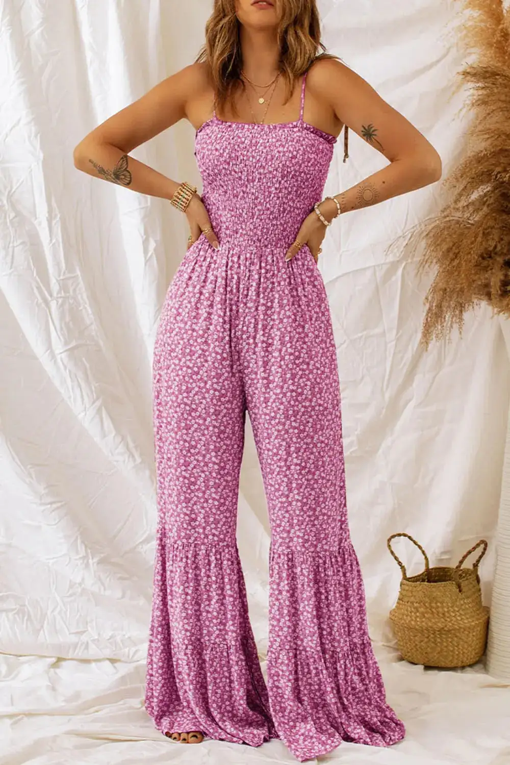 Smocked Wide Strap Printed Jumpsuit