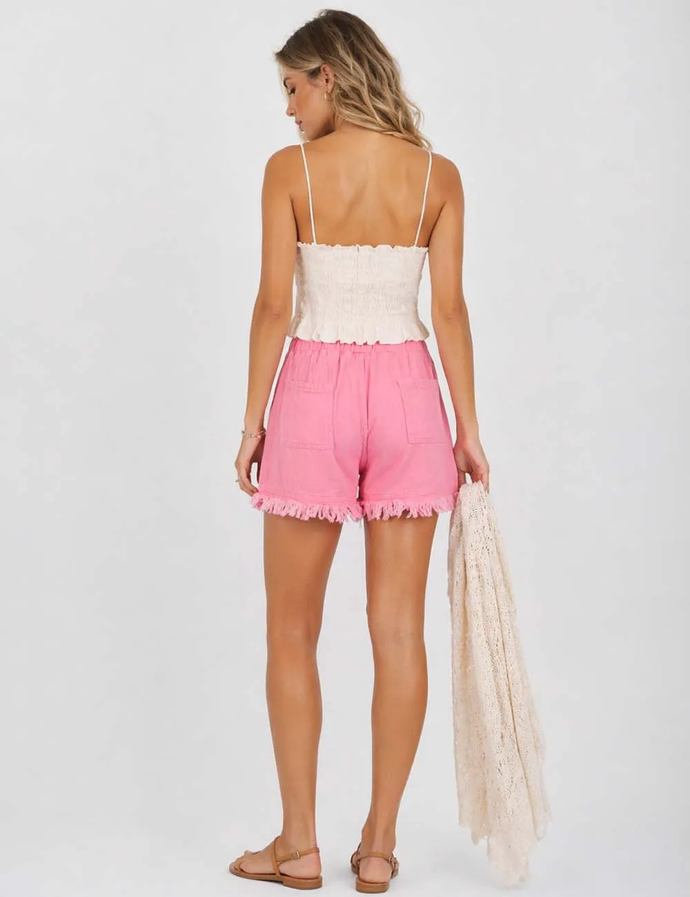 Solid Color Drawstring Waist Frayed Hem Denim Shorts