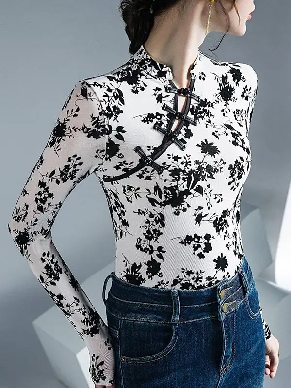 Long Sleeve Slim Fit Button Detail Floral Print Mesh Mock Neck T-Shirt