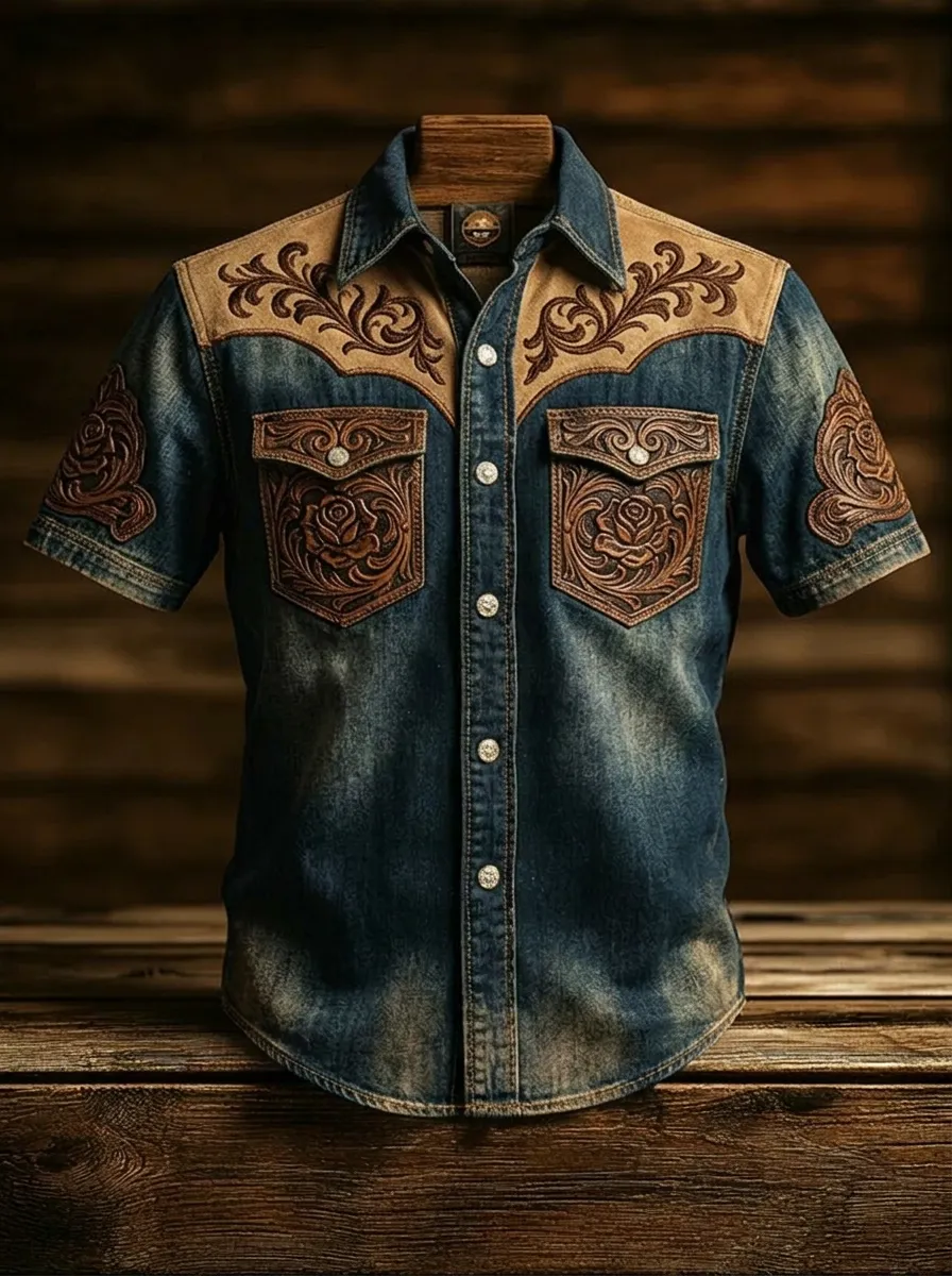 Men's Western Cowboy Rose Floral Tooled Leather Printed Shirt