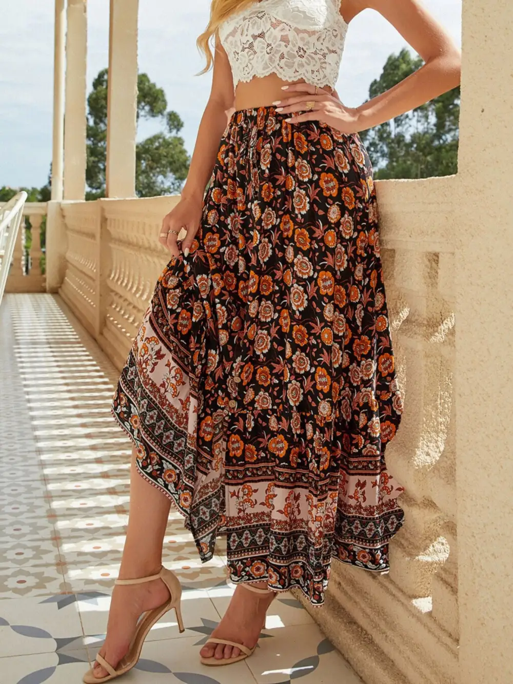 Floral Side Slit Skirt