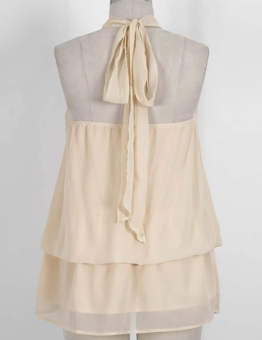Chiffon Stand Neck Solid Color Ruffle Hem Sleeveless Top