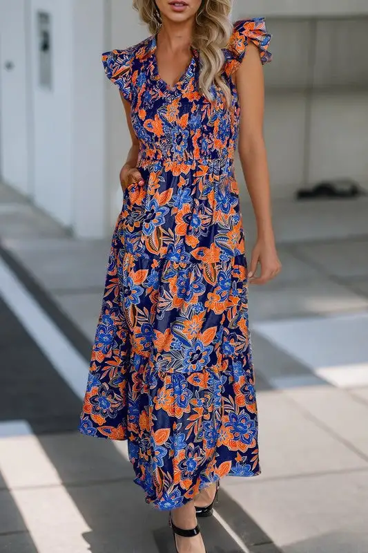 Boho Floral V Neck Ruffle Tiered Long Dress