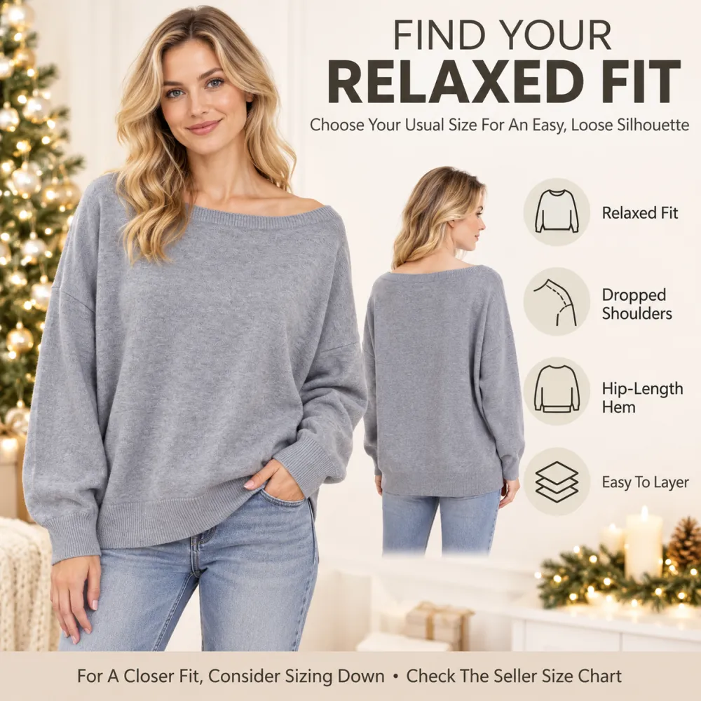 Women's Square Neck Sweater, Casual Off-Shoulder Long Sleeve Pullover, Women's Fall Winter Knit Top