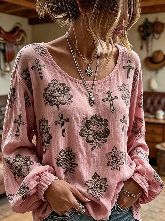 Women's Cross Floral Print Western Long Sleeve Blouse