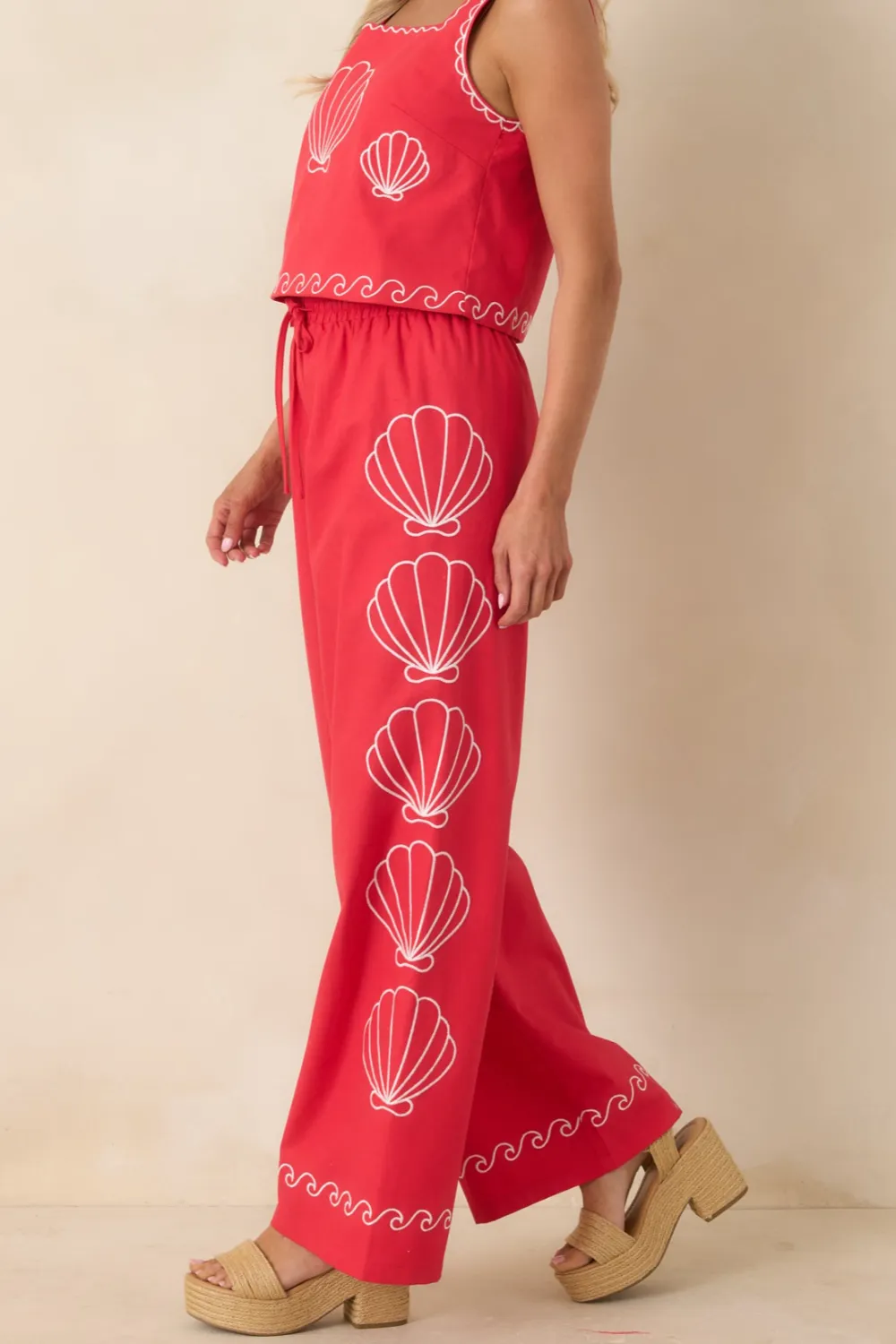 Shell Embroidered Cotton Blend Wide Leg Pants