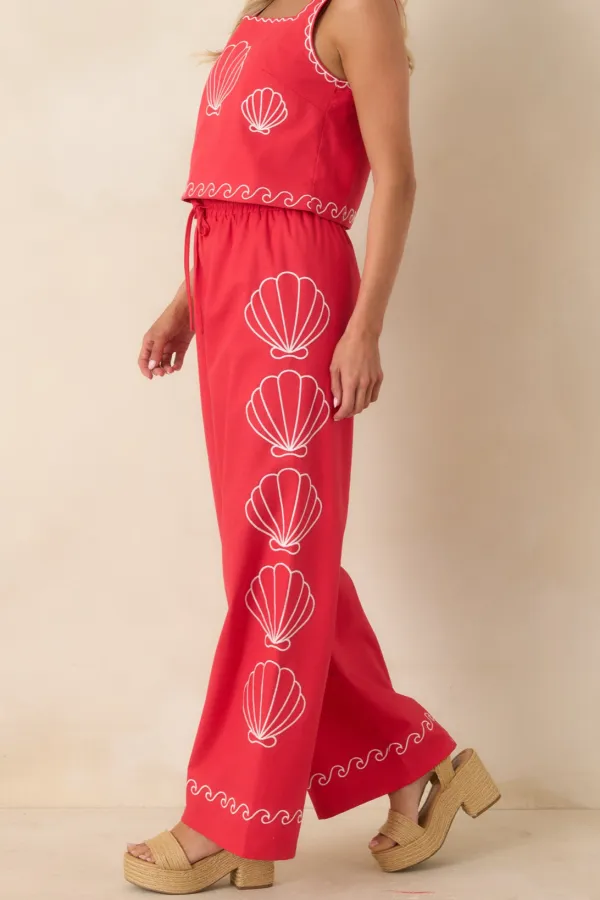 Shell Embroidered Cotton Blend Wide Leg Pants