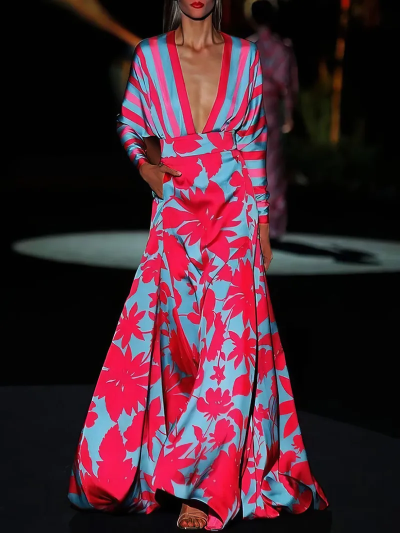 Floral Print Deep V-Neck Long Sleeve Floor Length Dress