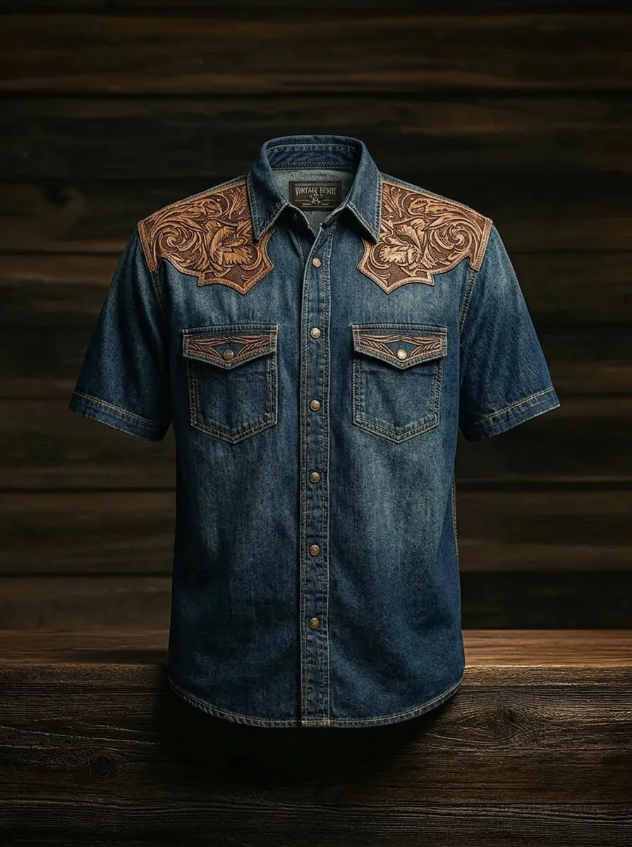 Men's Western Cowboy Floral Tooled Leather Print Denim Shirt