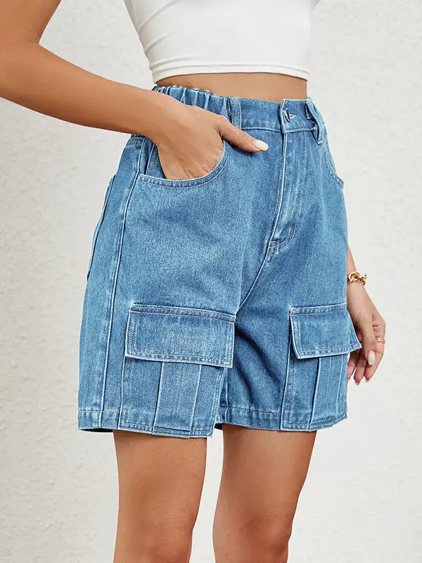Denim Shorts Met Hoge Taille Losse Elasticiteit Zakken