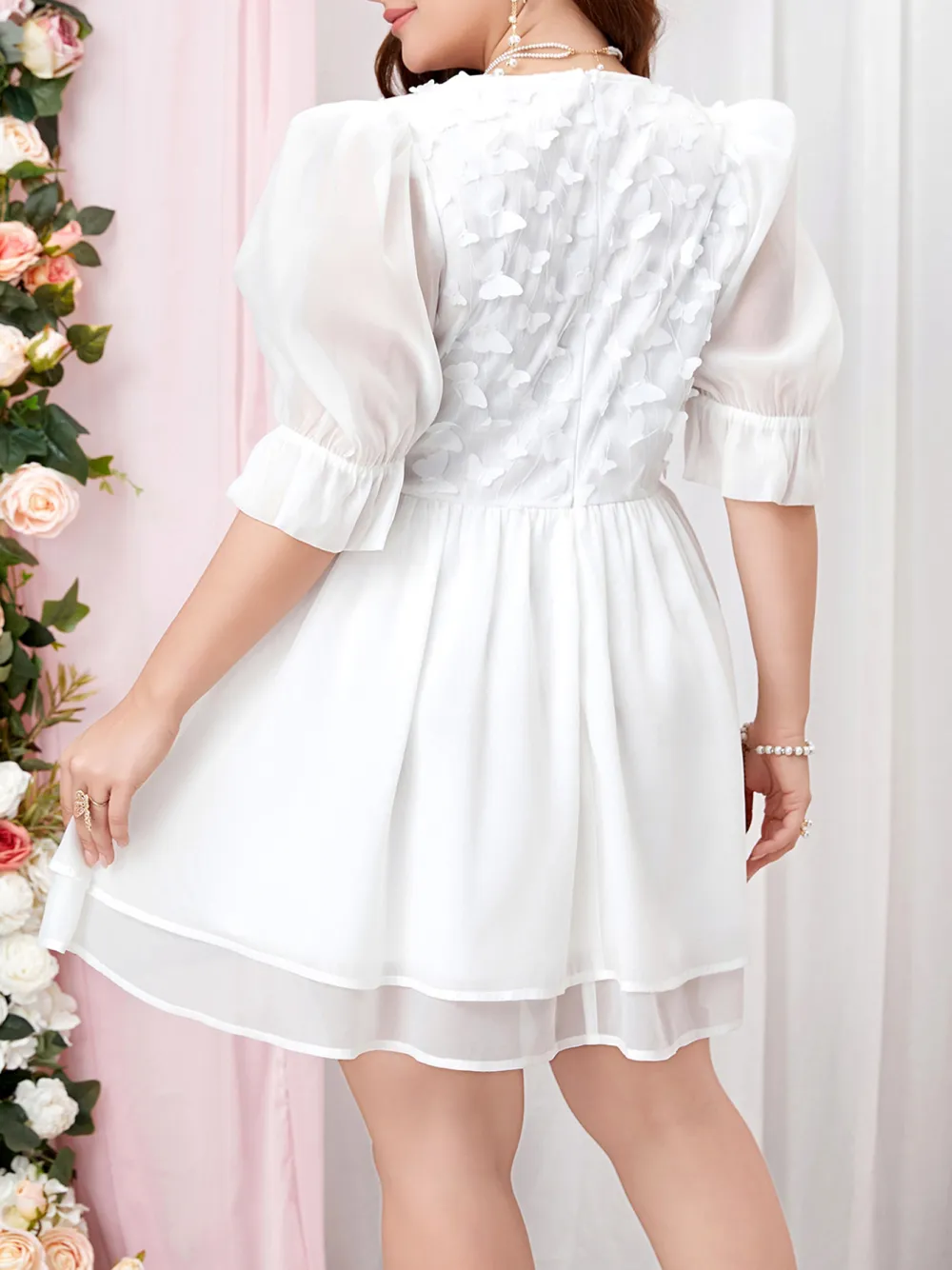 New Women Three Dimensional Petal Spinning Chiffon Skirt Half Sleeves