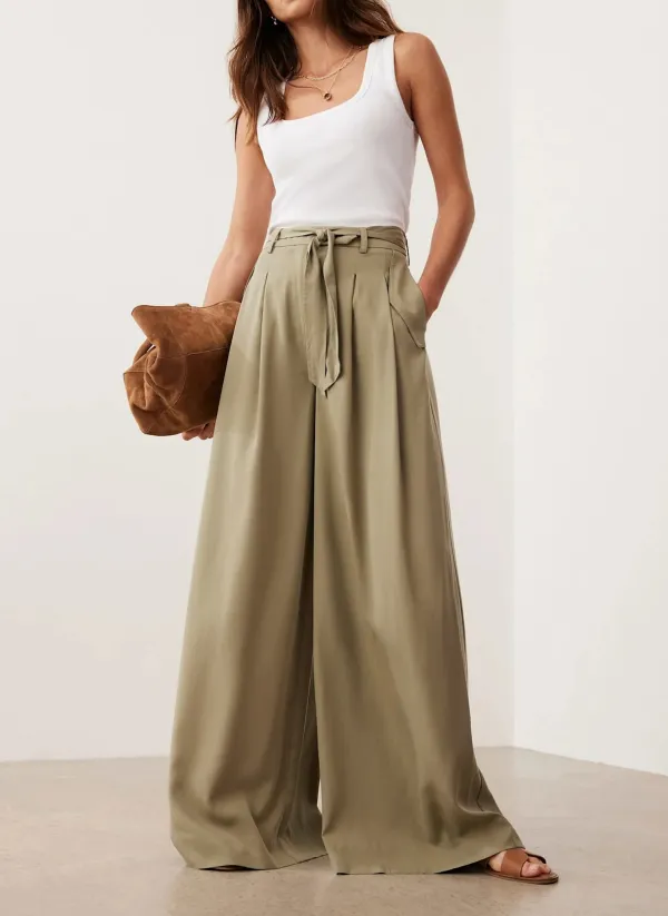 Casual Style Khaki Belted Wide Leg Trousers